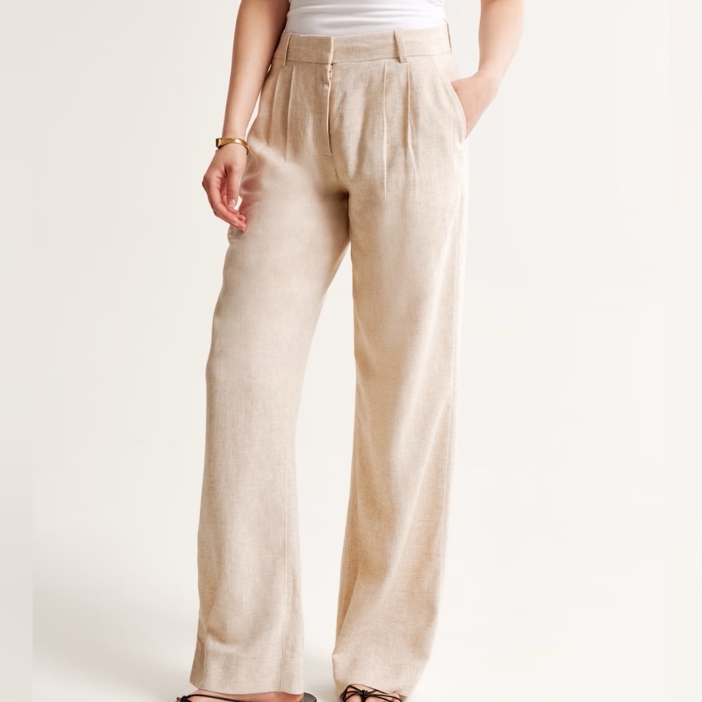 Abercrombie & Fitch Women's Tan Linen Blend Wide Leg Chinos